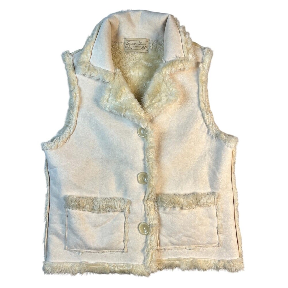 Vintage Straight Down Vest Women's W610 Ivory Faux Fur Lined & Trimmed Size S